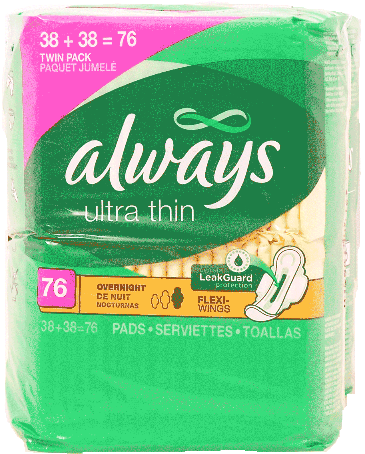 Always  ultra thin overnight maxi pads, 2 38-count packs Full-Size Picture